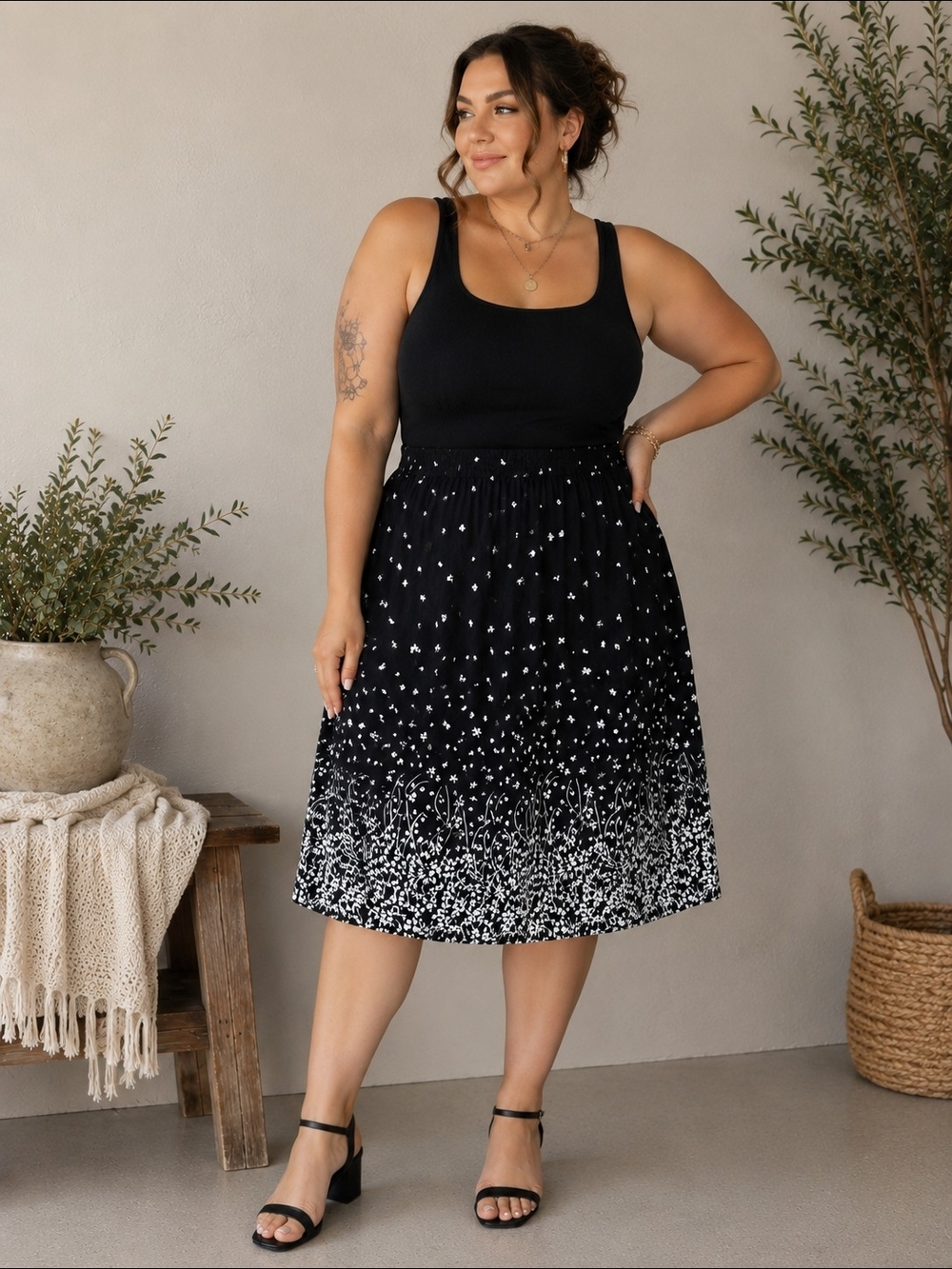 Cathy Daniels Black & White Floral Midi Skirt | 100% Viscose | 3X